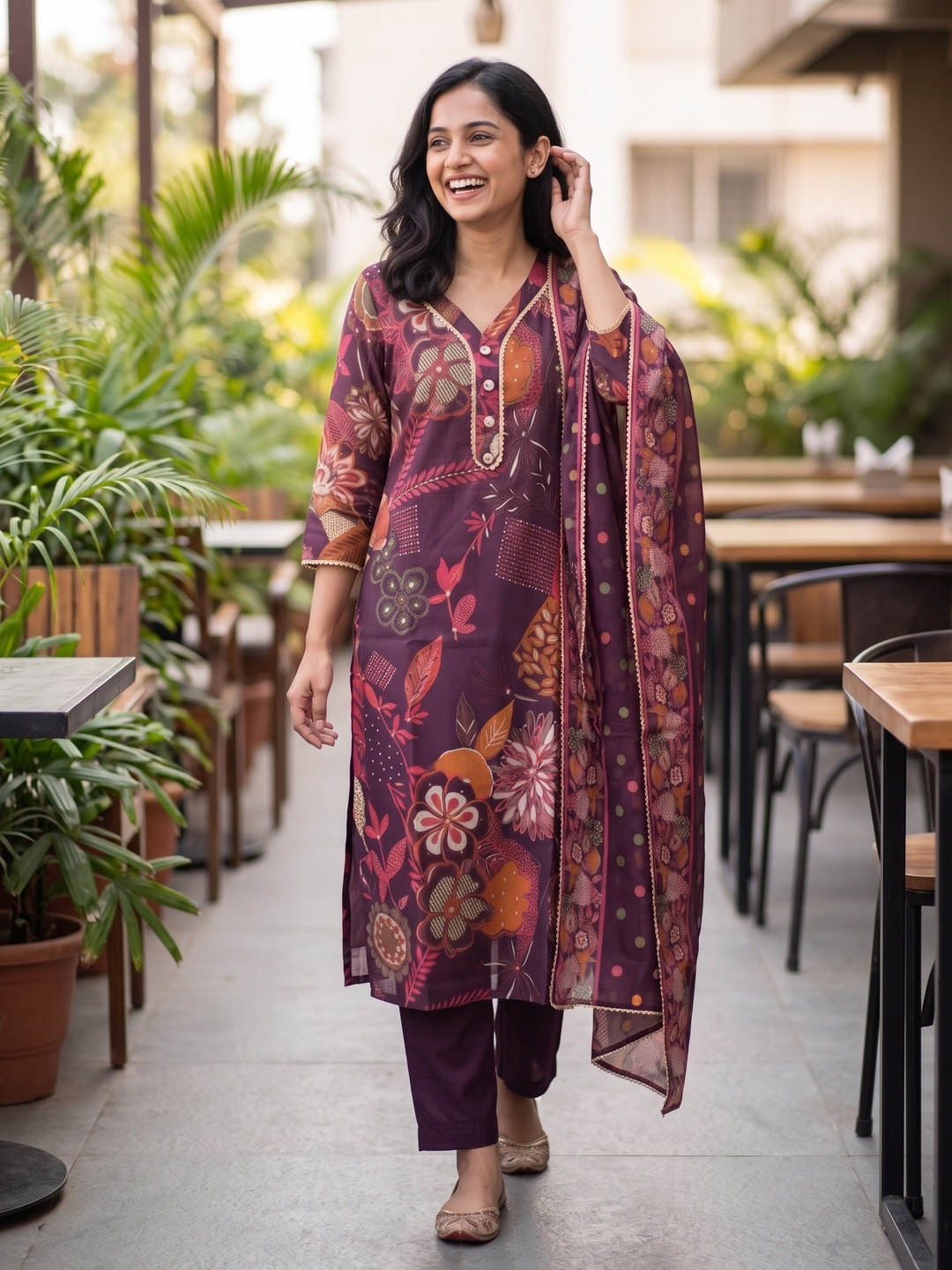 Peachmode Purple Chanderi Silk Floral Print Salwar Suit - Image 2