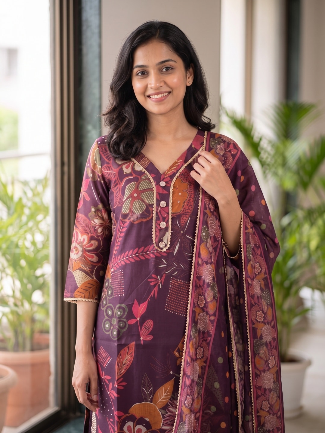Peachmode Purple Chanderi Silk Floral Print Salwar Suit - Image 5