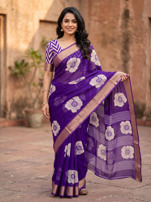 Peachmode Purple Floral Moss Georgette Digital Printed Saree With Zari Border - Image 1