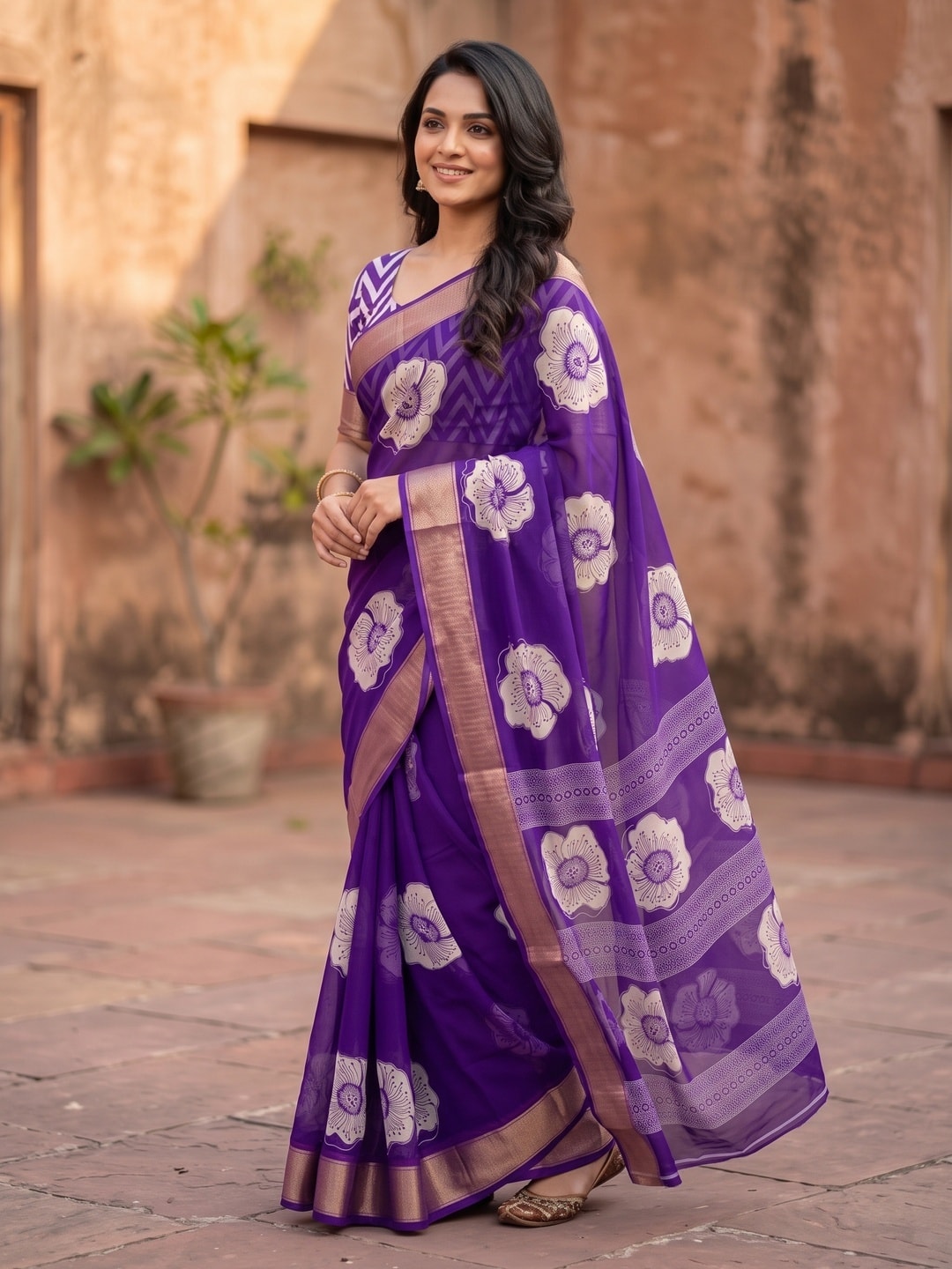 Peachmode Purple Floral Moss Georgette Digital Printed Saree With Zari Border - Image 2