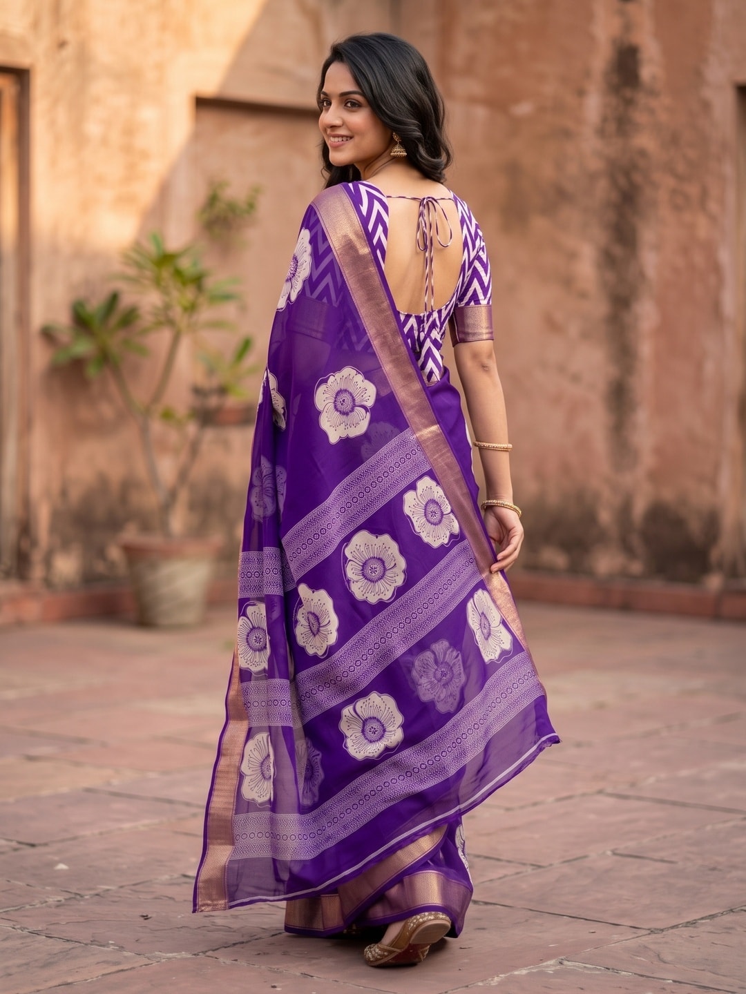 Peachmode Purple Floral Moss Georgette Digital Printed Saree With Zari Border - Image 4