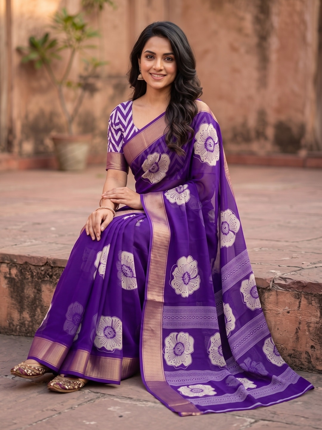 Peachmode Purple Floral Moss Georgette Digital Printed Saree With Zari Border - Image 5