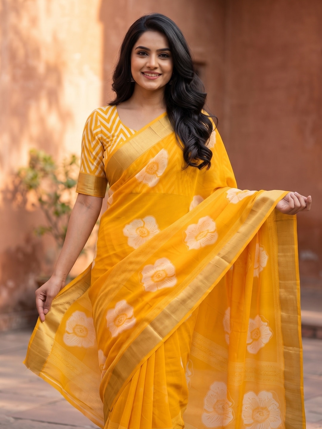 Peachmode Mustard Floral Moss Georgette Digital Printed Saree With Zari Border - Image 3