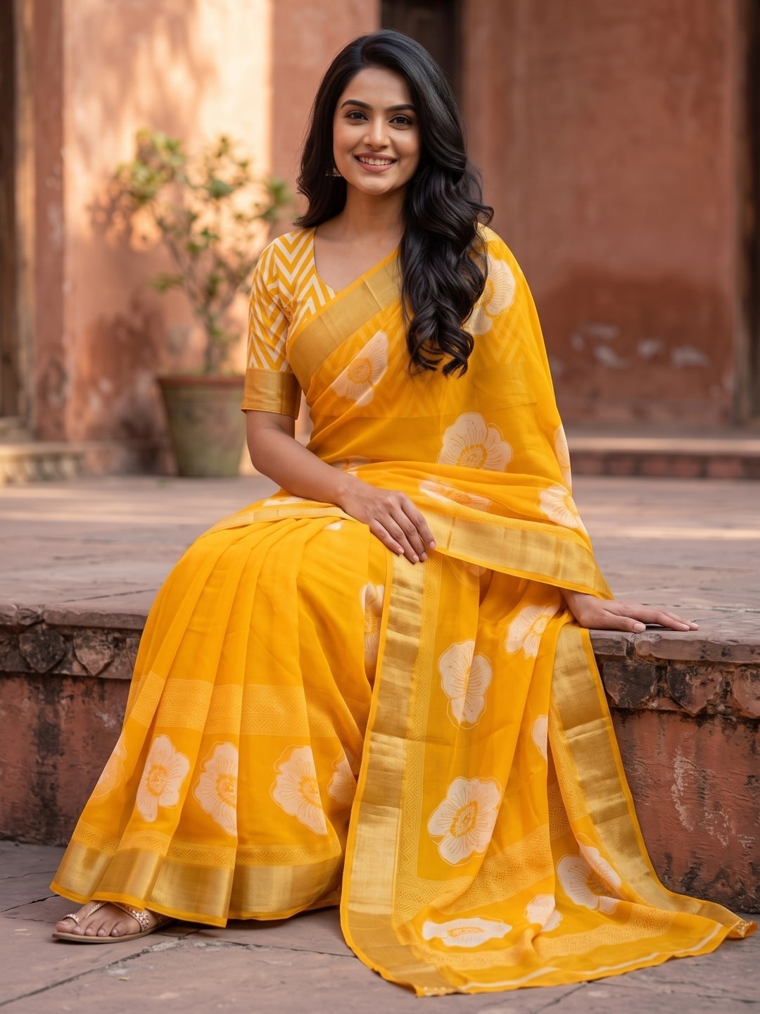 Peachmode Mustard Floral Moss Georgette Digital Printed Saree With Zari Border - Image 5