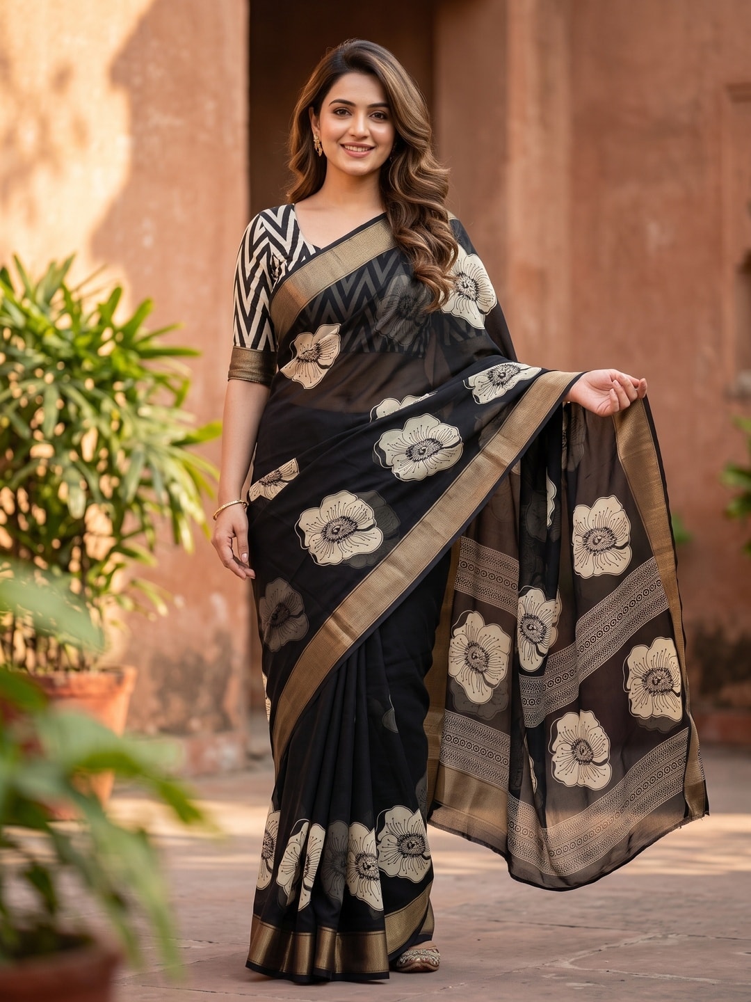 Peachmode Black Floral Moss Georgette Digital Printed Saree With Zari Border - Image 1