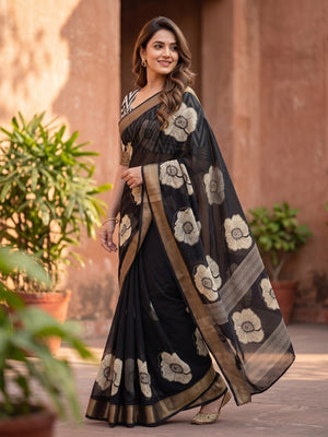 Peachmode Black Floral Moss Georgette Digital Printed Saree With Zari Border - Image 2