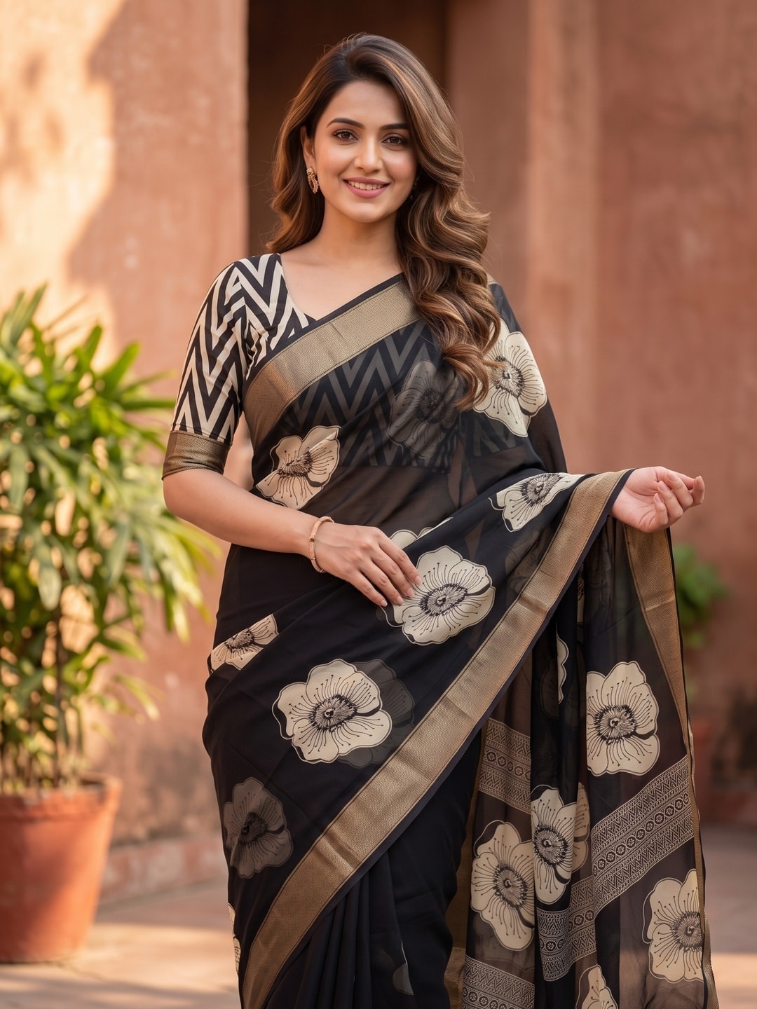 Peachmode Black Floral Moss Georgette Digital Printed Saree With Zari Border - Image 3