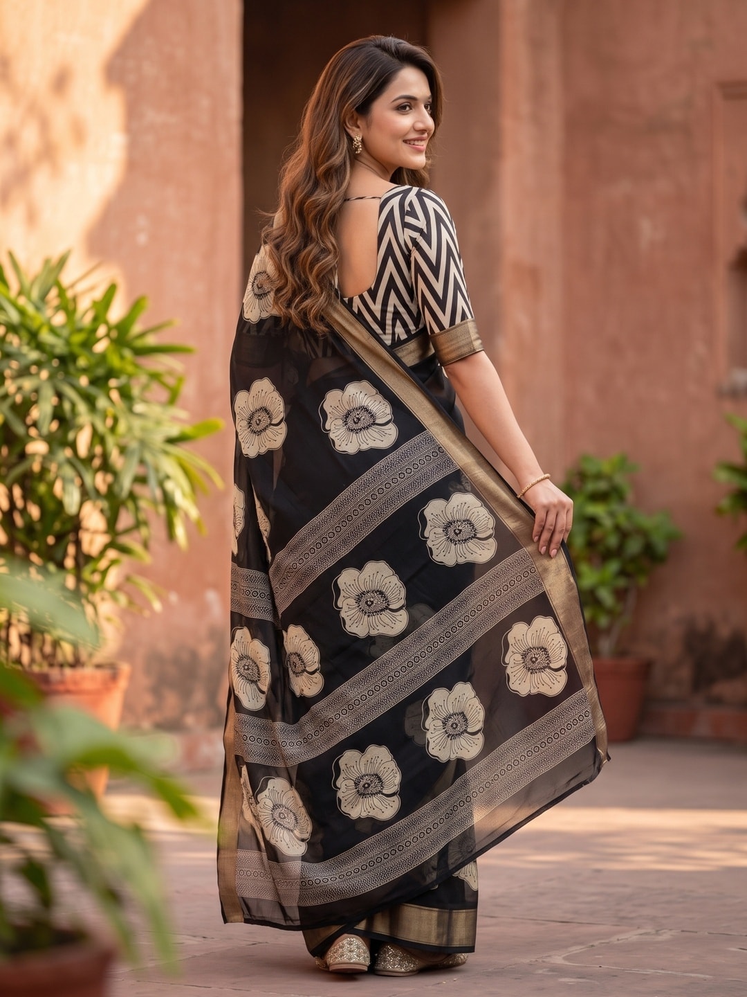 Peachmode Black Floral Moss Georgette Digital Printed Saree With Zari Border - Image 4