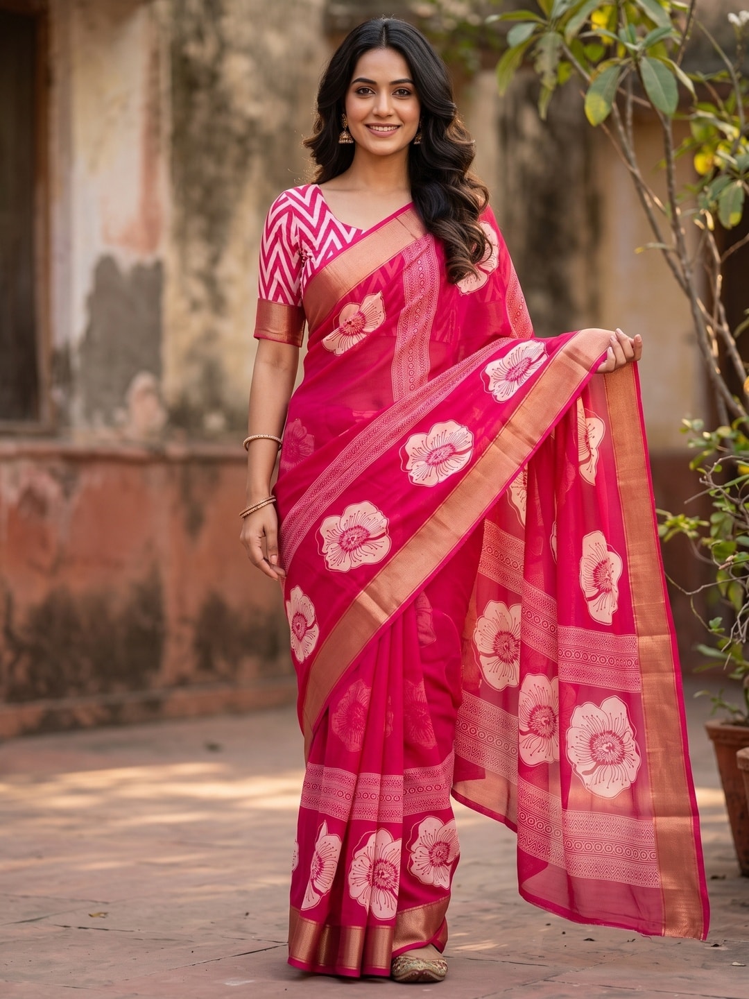 Peachmode Rani Pink Floral Moss Georgette Digital Printed Saree With Zari Border - Image 1