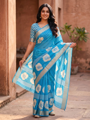 Peachmode Sky Blue Floral Moss Georgette Digital Printed Saree With Zari Border - Image 1