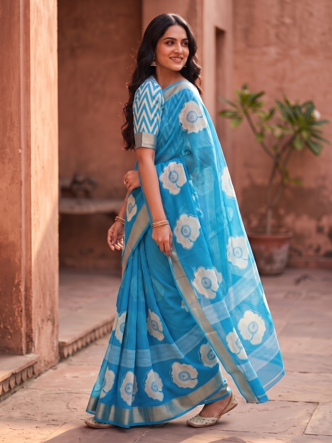 Peachmode Sky Blue Floral Moss Georgette Digital Printed Saree With Zari Border - Image 2