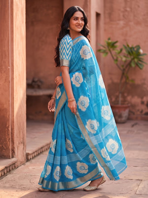 Peachmode Sky Blue Floral Moss Georgette Digital Printed Saree With Zari Border - Image 2