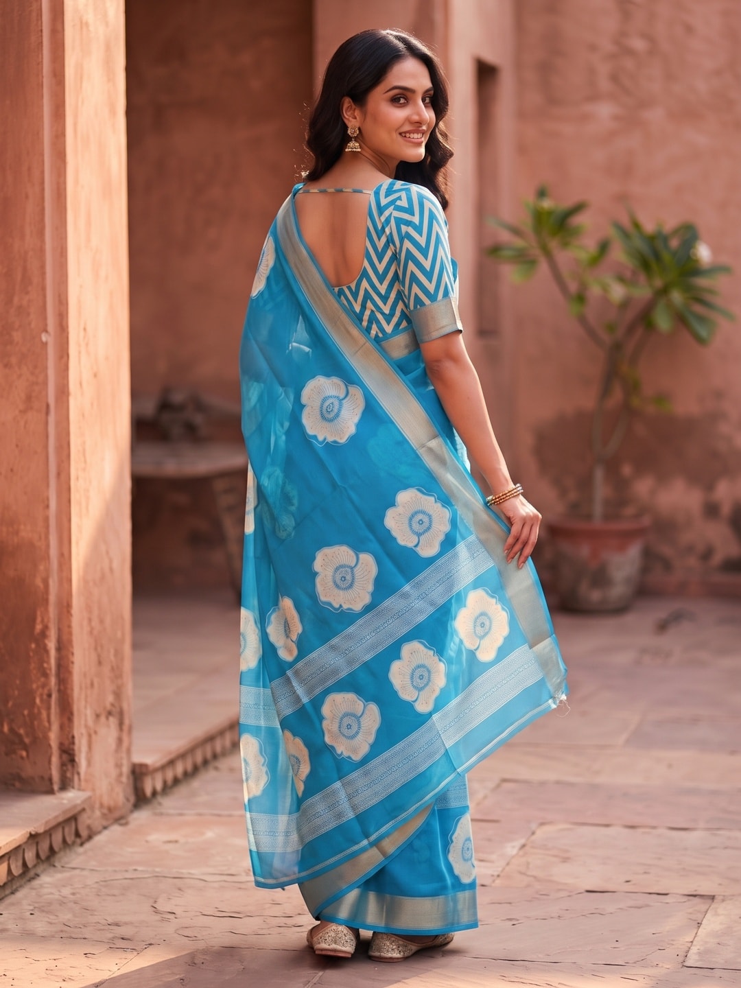 Peachmode Sky Blue Floral Moss Georgette Digital Printed Saree With Zari Border - Image 4