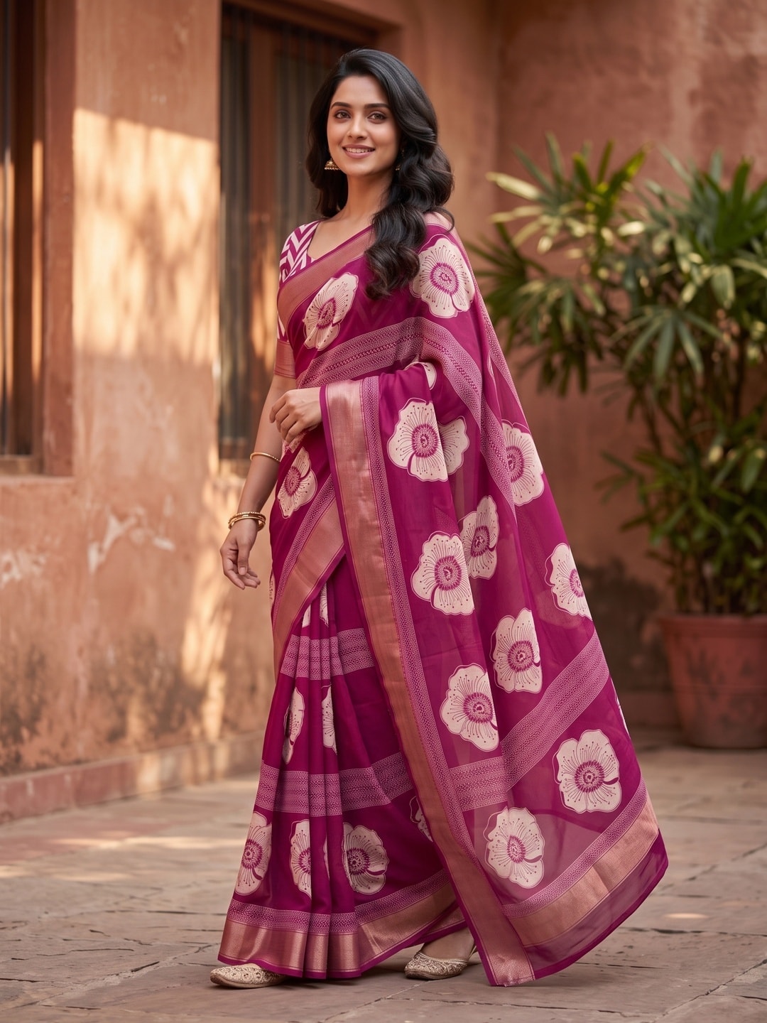 Peachmode Magenta Floral Moss Georgette Digital Printed Saree With Zari Border - Image 2