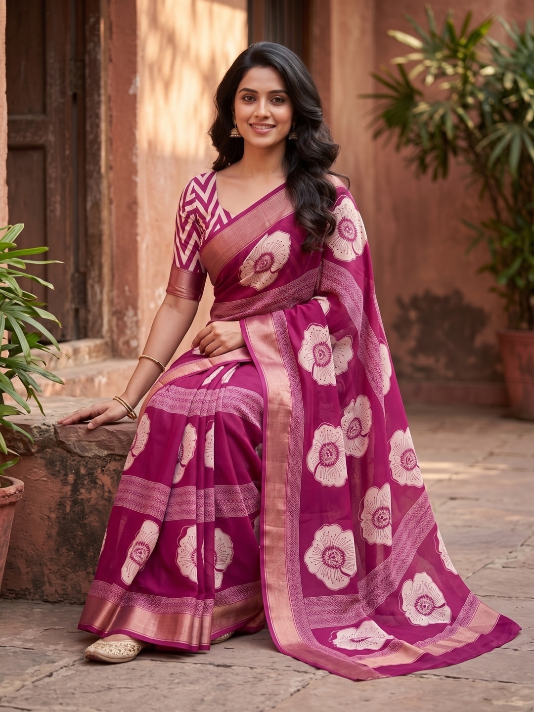 Peachmode Magenta Floral Moss Georgette Digital Printed Saree With Zari Border - Image 5