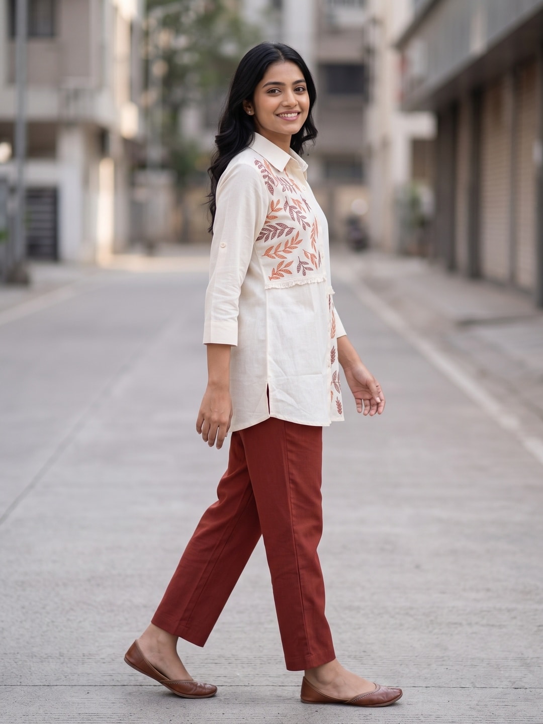 Peachmode Off White Cotton Flex Embroidered Shirt Co-ord Set with Rust Pants - Image 3