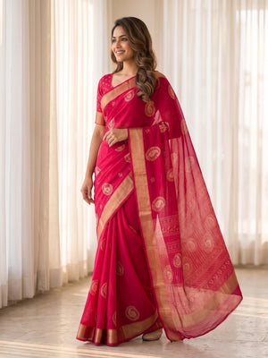 Peachmode Rani Pink Paisley Moss Georgette Digital Printed Saree With Zari Border - Image 2