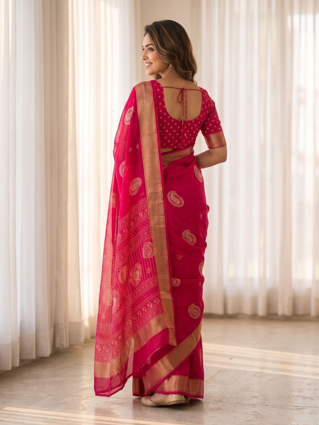 Peachmode Rani Pink Paisley Moss Georgette Digital Printed Saree With Zari Border - Image 4