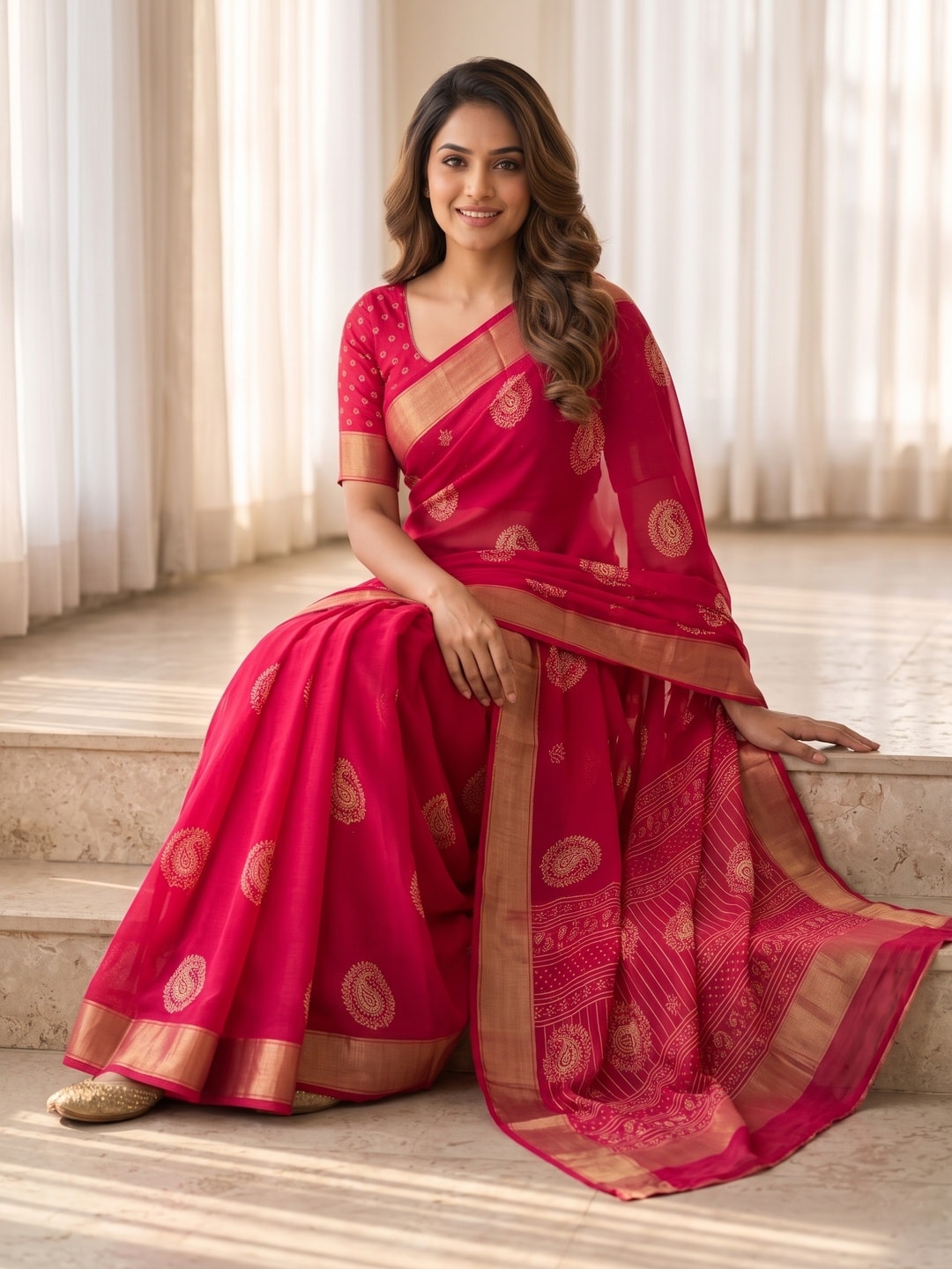 Peachmode Rani Pink Paisley Moss Georgette Digital Printed Saree With Zari Border - Image 5