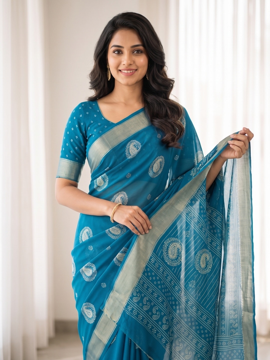 Peachmode Blue Paisley Moss Georgette Digital Printed Saree With Zari Border - Image 3