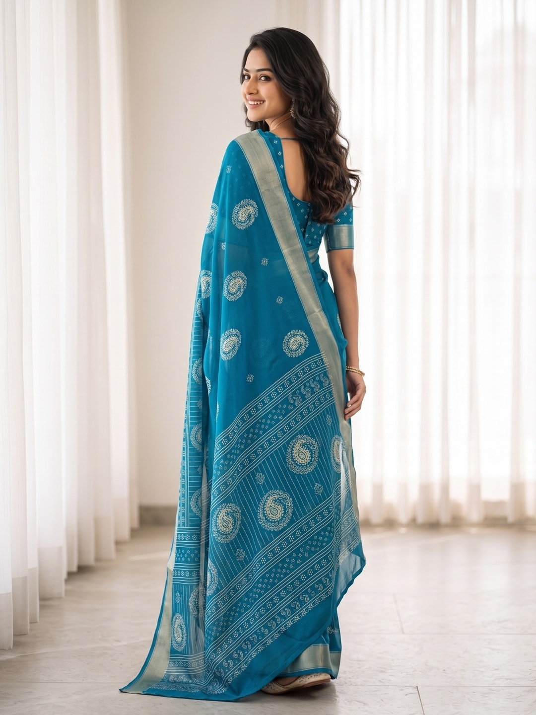 Peachmode Blue Paisley Moss Georgette Digital Printed Saree With Zari Border - Image 4