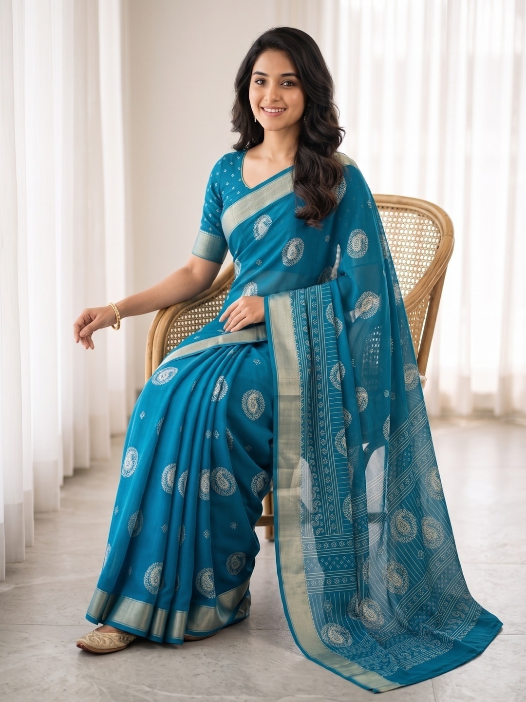 Peachmode Blue Paisley Moss Georgette Digital Printed Saree With Zari Border - Image 5
