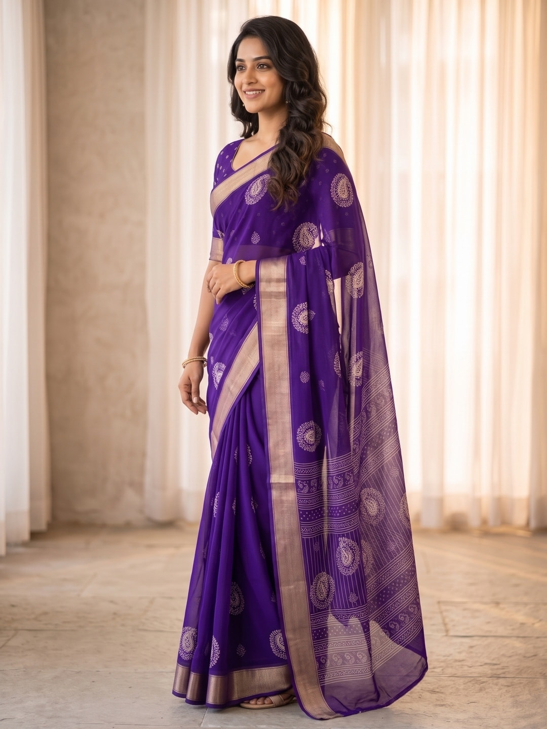 Peachmode Purple Paisley Moss Georgette Digital Printed Saree With Zari Border - Image 2