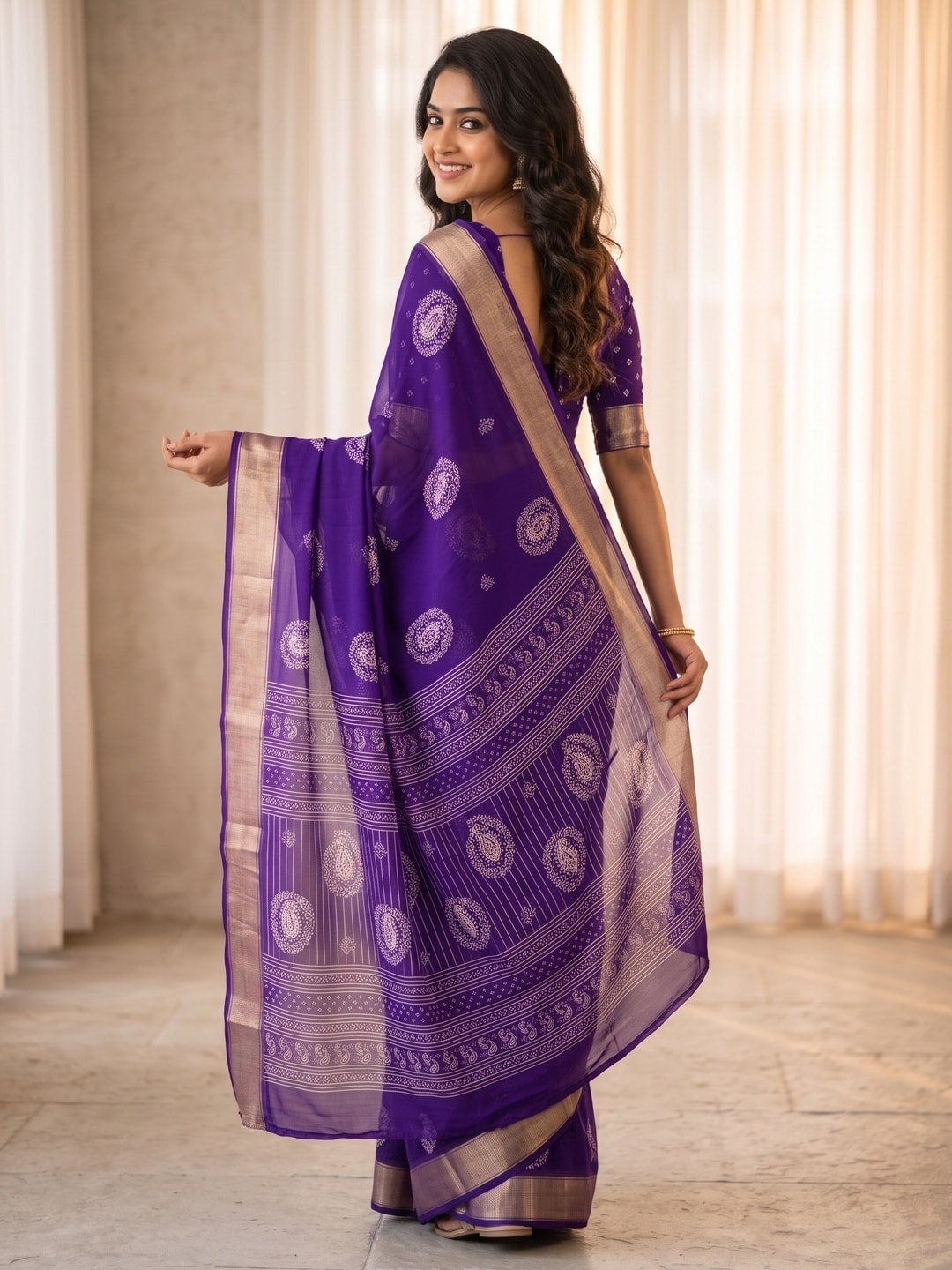 Peachmode Purple Paisley Moss Georgette Digital Printed Saree With Zari Border - Image 4