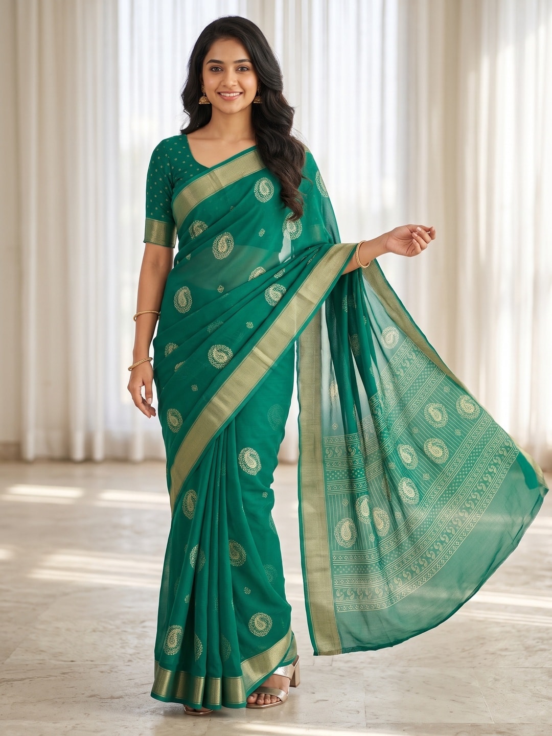 Peachmode Green Paisley Moss Georgette Digital Printed Saree With Zari Border - Image 1