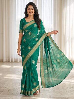 Peachmode Green Paisley Moss Georgette Digital Printed Saree With Zari Border - Image 1