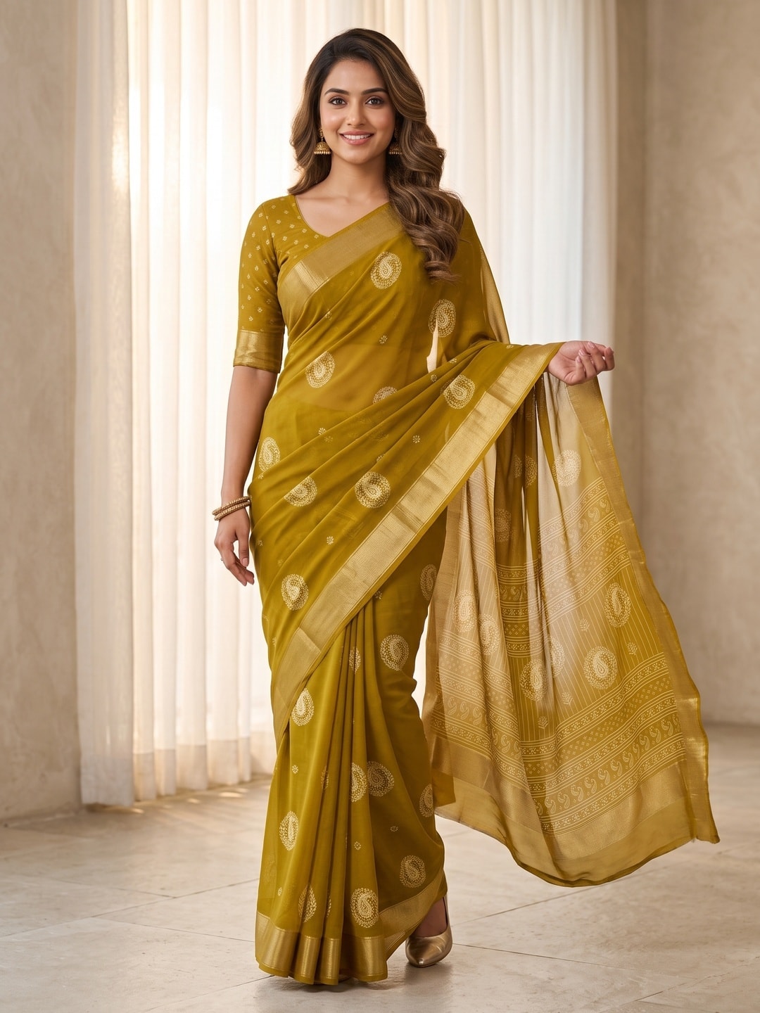 Peachmode Mustard Paisley Moss Georgette Digital Printed Saree With Zari Border - Image 1