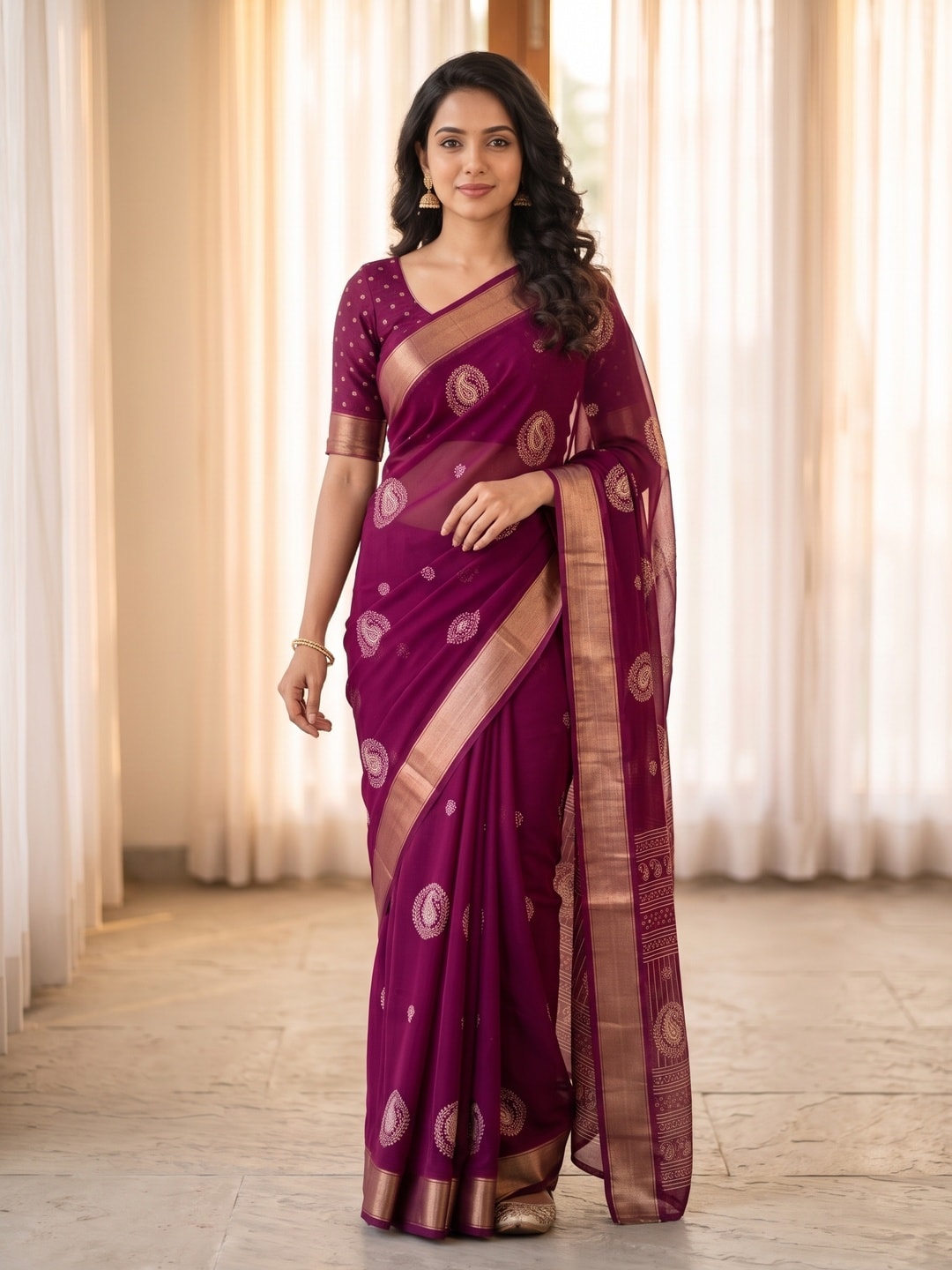 Peachmode Wine Paisley Moss Georgette Digital Printed Saree With Zari Border - Image 1