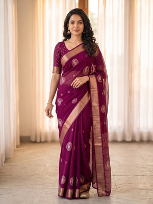 Peachmode Wine Paisley Moss Georgette Digital Printed Saree With Zari Border - Image 1