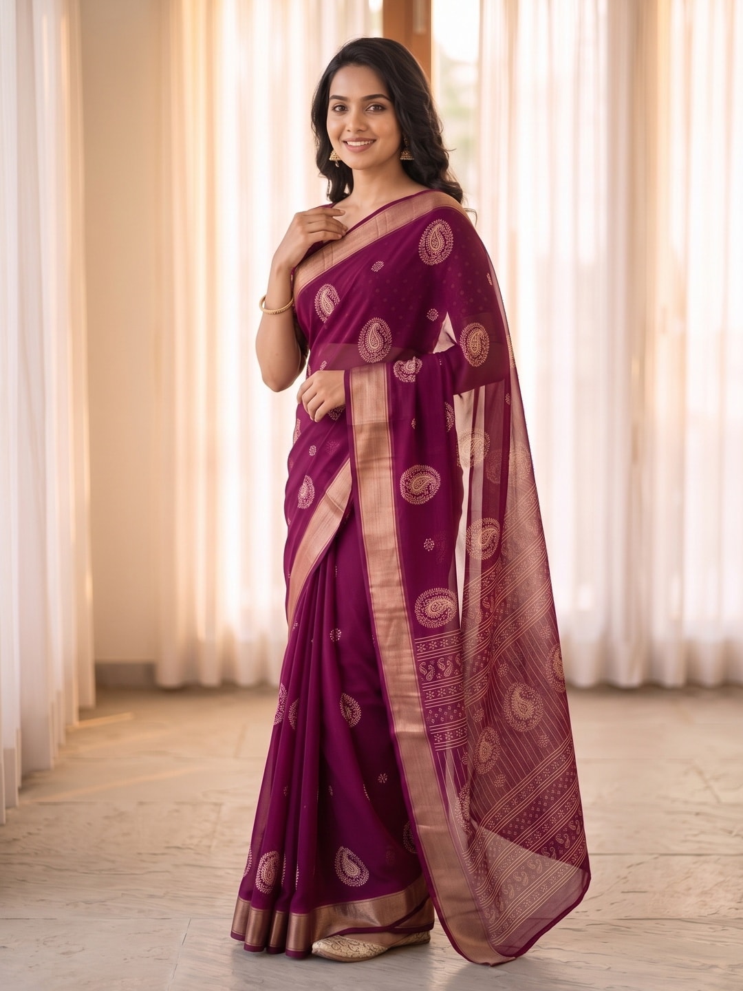Peachmode Wine Paisley Moss Georgette Digital Printed Saree With Zari Border - Image 3