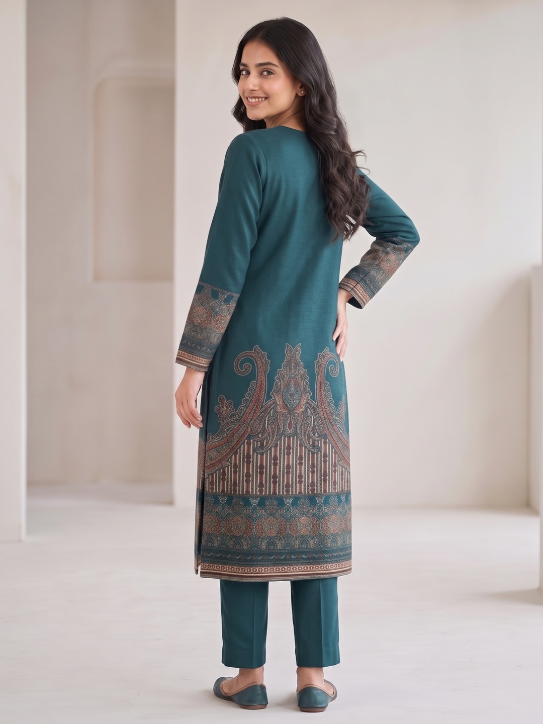 Peachmode Teal Woolen Printed Salwar Suit with Paisley Yoke and Shawl Dupatta - Image 4