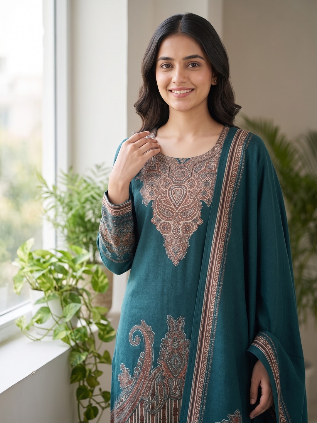 Peachmode Teal Woolen Printed Salwar Suit with Paisley Yoke and Shawl Dupatta - Image 5