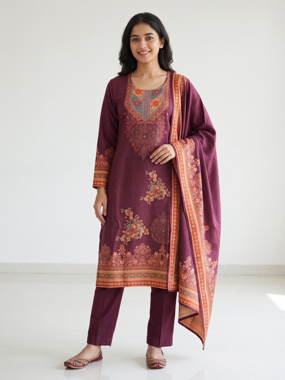 Peachmode Wine Woolen Floral Print Salwar Suit with Printed Dupatta - Image 1
