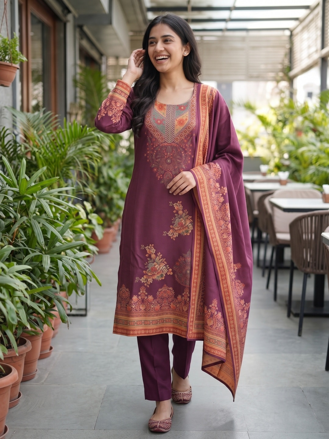 Peachmode Wine Woolen Floral Print Salwar Suit with Printed Dupatta - Image 2