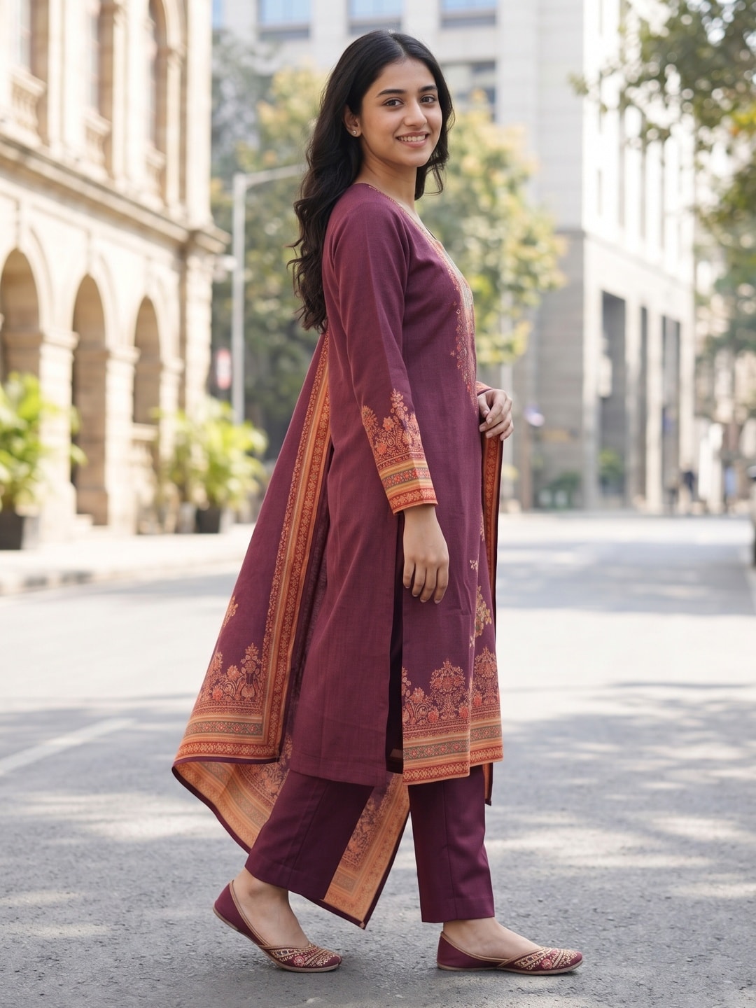 Peachmode Wine Woolen Floral Print Salwar Suit with Printed Dupatta - Image 3