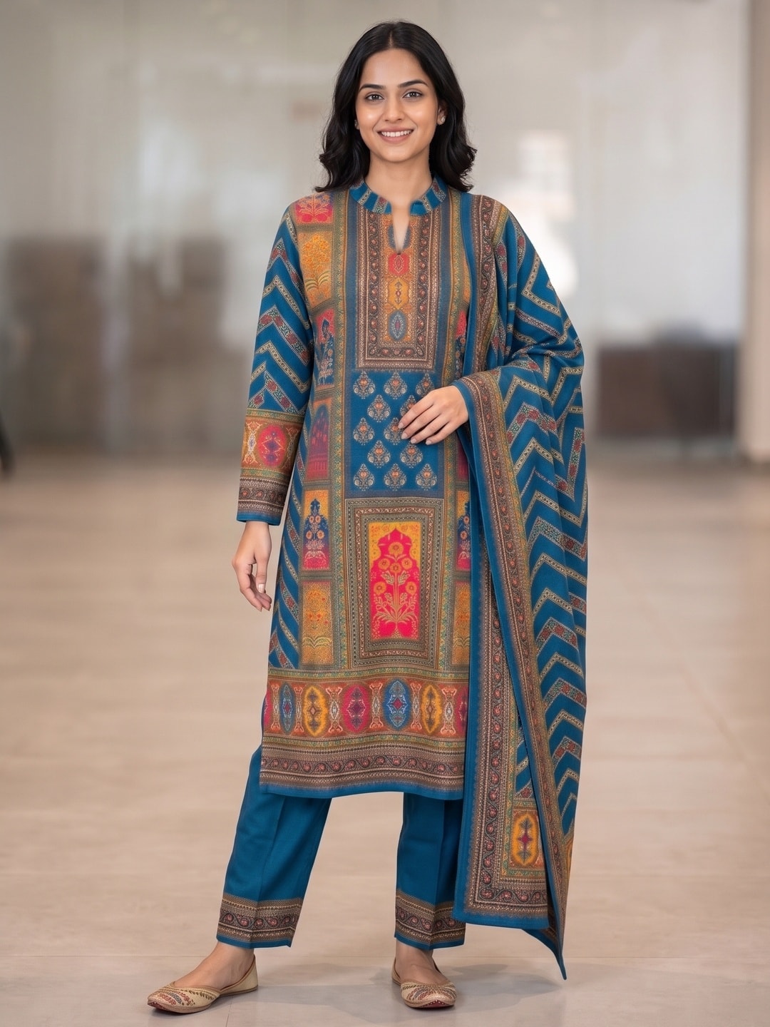 Peachmode Peacock Blue Woolen Patchwork Print Salwar Suit with Dupatta - Image 1