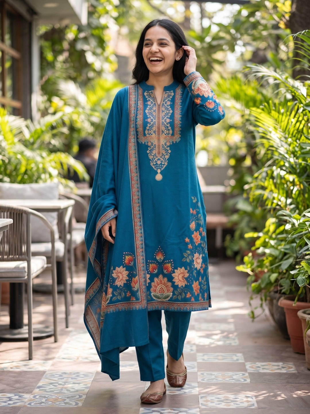 Peachmode Peacock Blue Woolen Floral Print Salwar Suit with Dupatta - Image 2