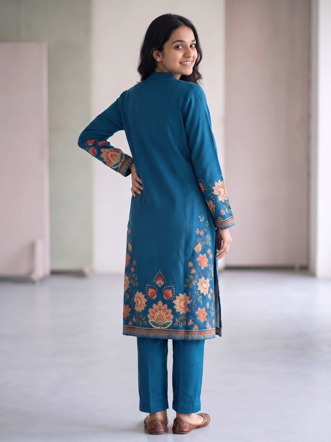 Peachmode Peacock Blue Woolen Floral Print Salwar Suit with Dupatta - Image 4