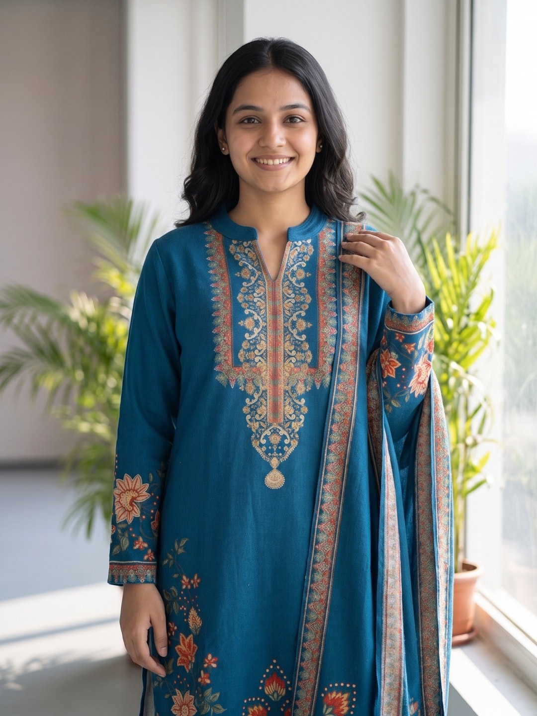 Peachmode Peacock Blue Woolen Floral Print Salwar Suit with Dupatta - Image 5