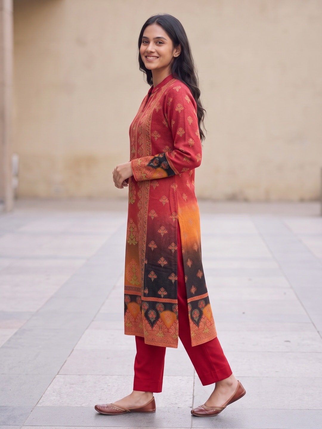 Peachmode Red Woolen Ombre Print Salwar Suit with Dupatta - Image 3