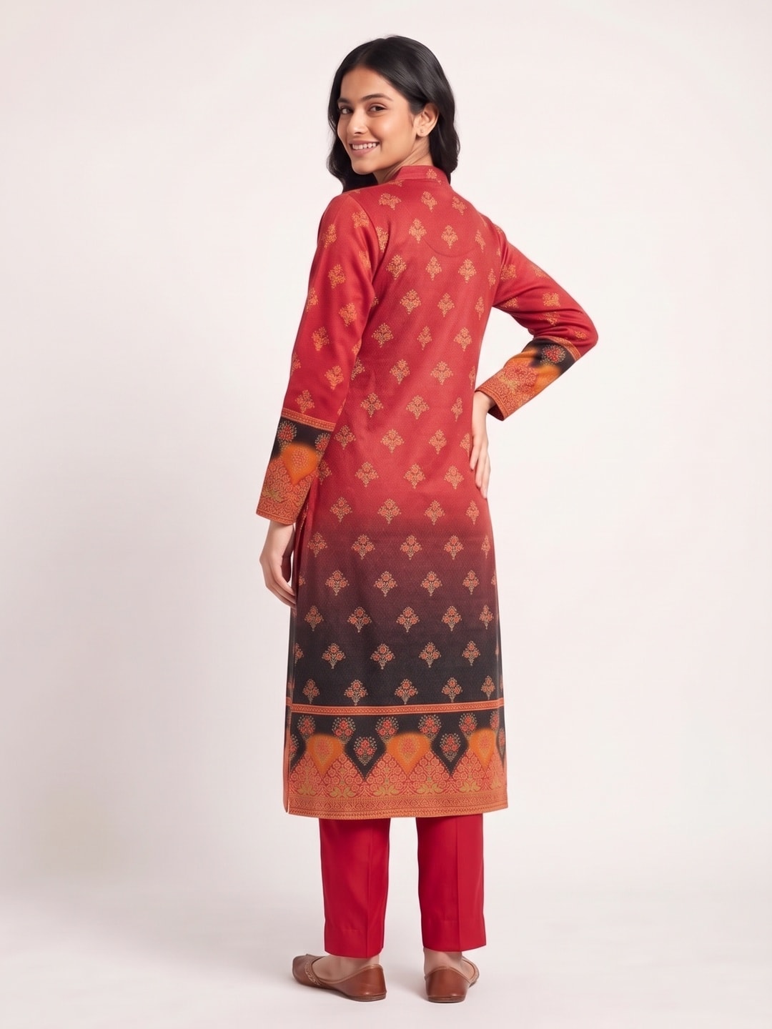 Peachmode Red Woolen Ombre Print Salwar Suit with Dupatta - Image 4