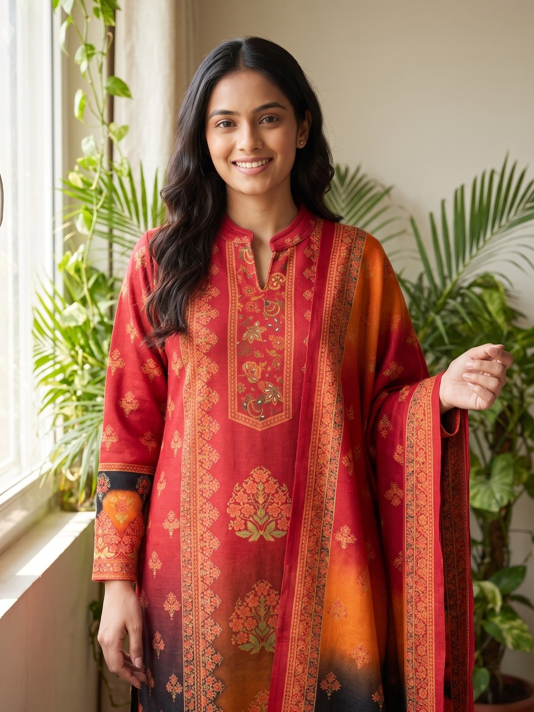 Peachmode Red Woolen Ombre Print Salwar Suit with Dupatta - Image 5