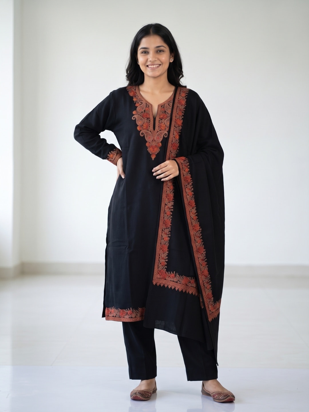 Peachmode Black Woolen Embroidered Neck Salwar Suit with Shawl Dupatta - Image 1