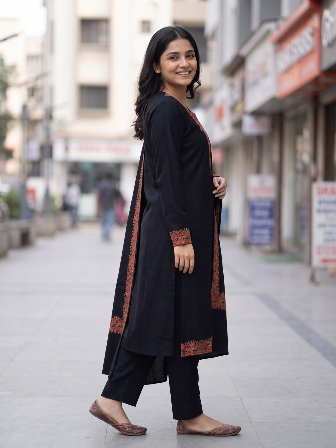 Peachmode Black Woolen Embroidered Neck Salwar Suit with Shawl Dupatta - Image 3