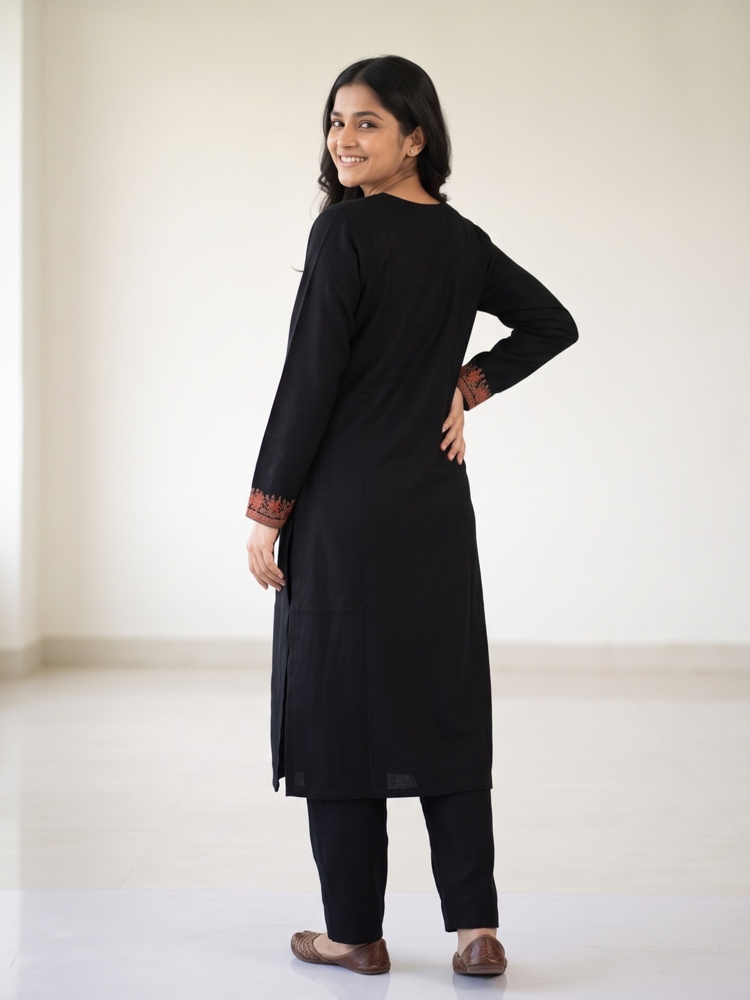 Peachmode Black Woolen Embroidered Neck Salwar Suit with Shawl Dupatta - Image 4
