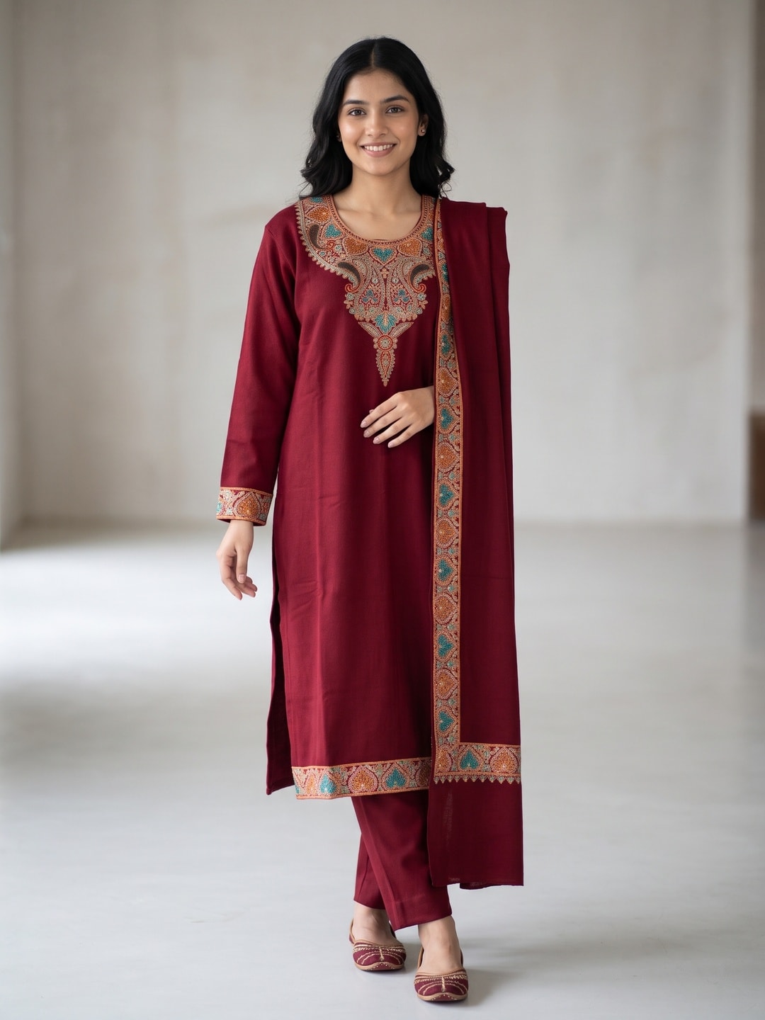 Peachmode Maroon Woolen Paisley Embroidered Salwar Suit with Dupatta - Image 1